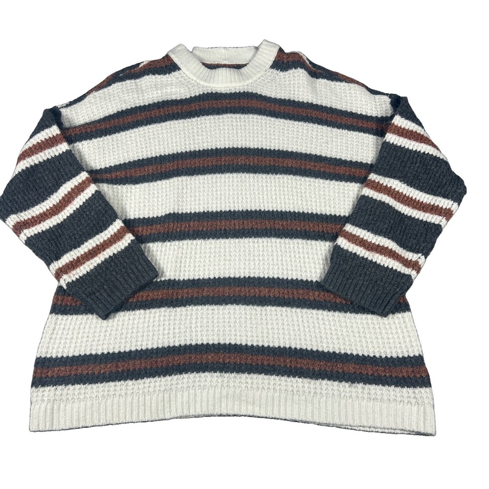 American Eagle Womens Striped Waffle Knit Sweater Mock Neck Pullover White S